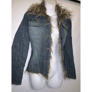 Vintage Rampage Penny Lane Coat Womens Size Small Denim Faux Fur Y2K Cabincore